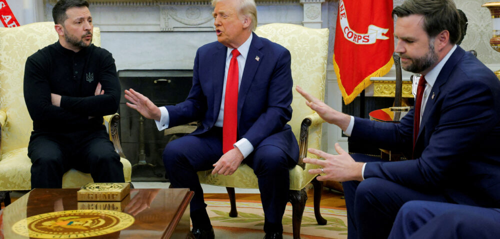 U.S. President Donald Trump meets with Ukrainian President Volodymyr Zelenskiy as U.S. Vice President JD Vance reacts at the White House in Washington, D.C., U.S., February 28, 2025. REUTERS/Brian Snyder